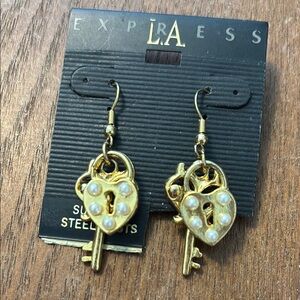 Gold Key and Pearl Heart Earrings